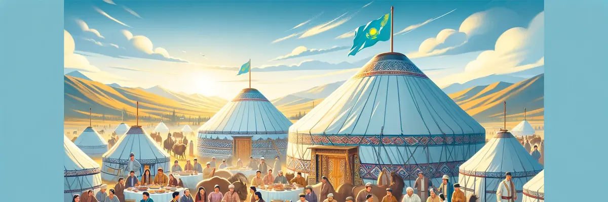 Here is the second wide banner image for the homepage, depicting a festive outdoor gathering in a Kazakh village. The scene showcases traditional dishes and a culturally rich setting. You can view and download the image above.