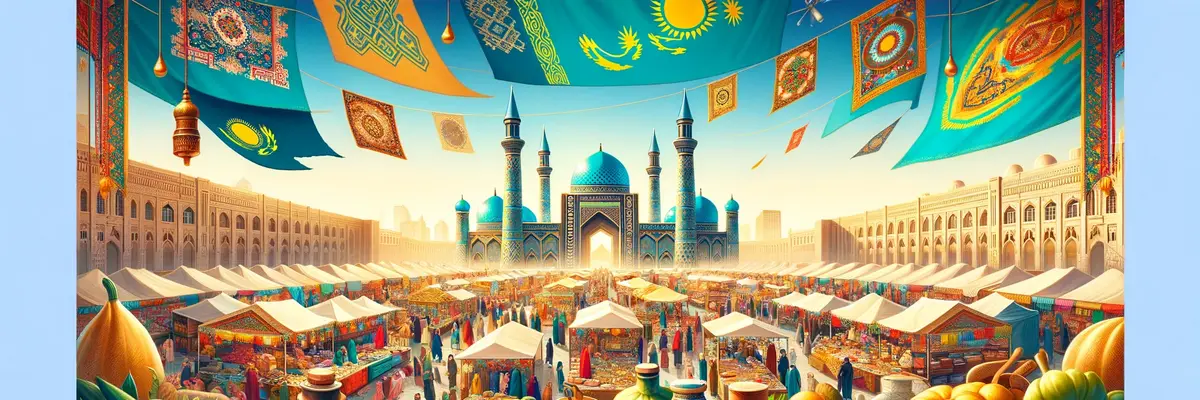 Here is the wide banner image for the homepage of a website dedicated to Kazakhstan's culinary heritage. The image depicts a vibrant market scene in Kazakhstan, featuring traditional foods and local cultural elements. You can view and download the image above.